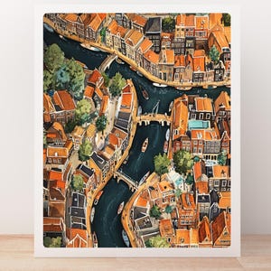 Amsterdam Canals Painting | Cityscape Watercolor Art Print | Netherlands Birds Eye Illustration | Wall Decor