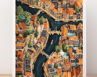 Grachtenschilderij Amsterdam | Stadsgezicht aquarel kunstafdruk | Nederland Birds Eye-illustratie | Wanddecoratie