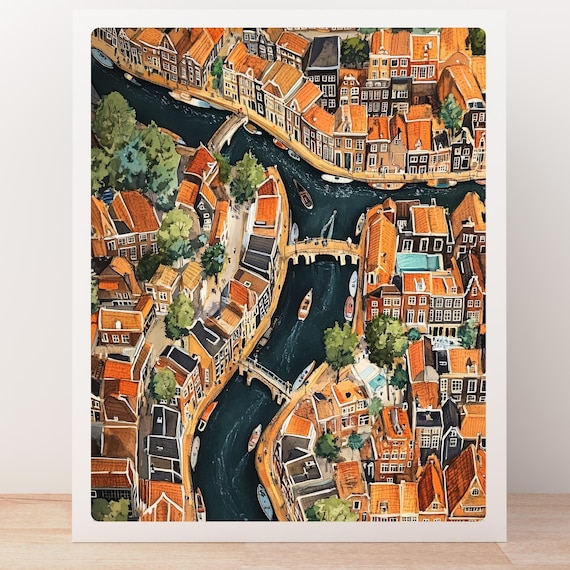 Amsterdam Canals Painting | Cityscape Watercolor Art Print | Netherlands Birds Eye Illustration | Wall Decor
