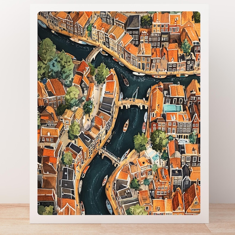 May include: An aerial view of a city with a network of canals and bridges. The buildings are a mix of red, orange, and yellow, and the canals are a deep blue. There are small boats on the canals.