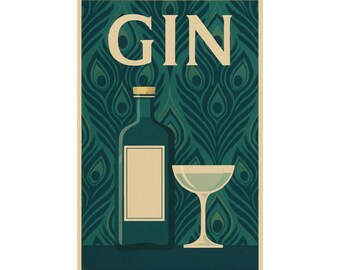 May include: A vintage-style poster featuring the word "GIN" in large, cream-colored letters. The poster showcases a teal gin bottle with a blank label, a cocktail glass, and a teal peacock feather pattern background.
