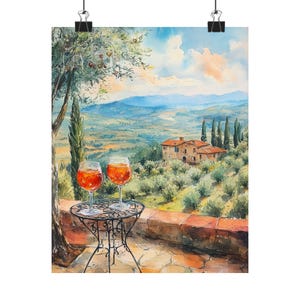 Akwarela Tuscan Terrace | Aperol Spritz Italy Landscape Print | Olive Grove Villa Art | Europejski letni wystrój | Prezent na ścianę z koktajlem