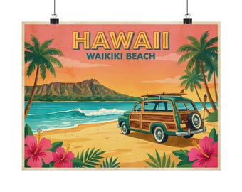 Waikiki Beach Art Print: Diamond Head Hawaii Vintage Travel Poster, Surf Woody Car