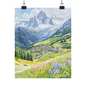 French Alps Chamonix Art Print - Mountain Landscape Painting, Flower Meadow Wall Decor, European Travel Souvenir