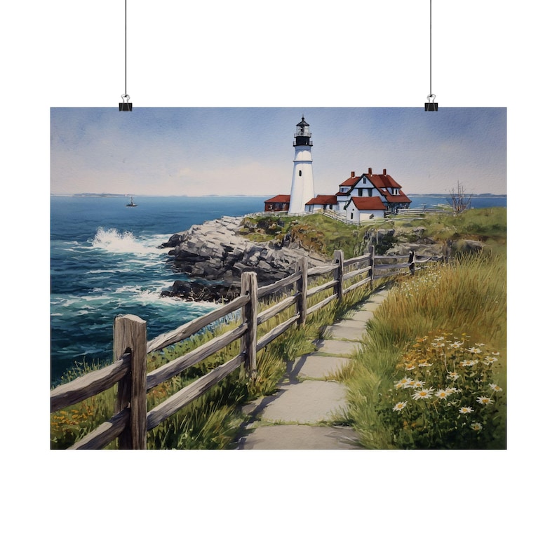 Maine Lighthouse Art Print: Portland Head Light Watercolor, Coastal ...