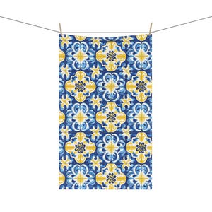 Portuguese Tile Tea Towels - Blue and Yellow Cotton Kitchen Dish Towels, Decorative Home Decor, Perfect Housewarming & Hostess Gift