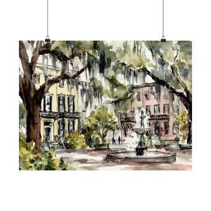 Savannah Historic Square Art Print: Fountain & Buildings Watercolor