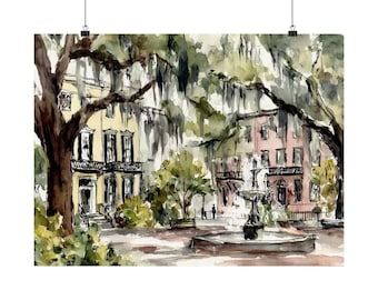 Savannah Historic Square Art Print: Fountain & Buildings Watercolor