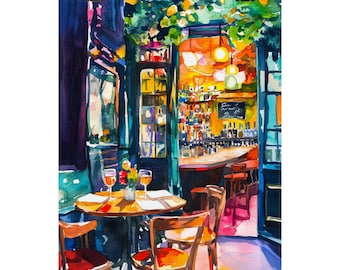 French Cafe Watercolor Print - Wine Bar Bistro Art, Paris Restaurant Scene Painting, Cozy Interior Wall Decor, Colorful Cafe Art