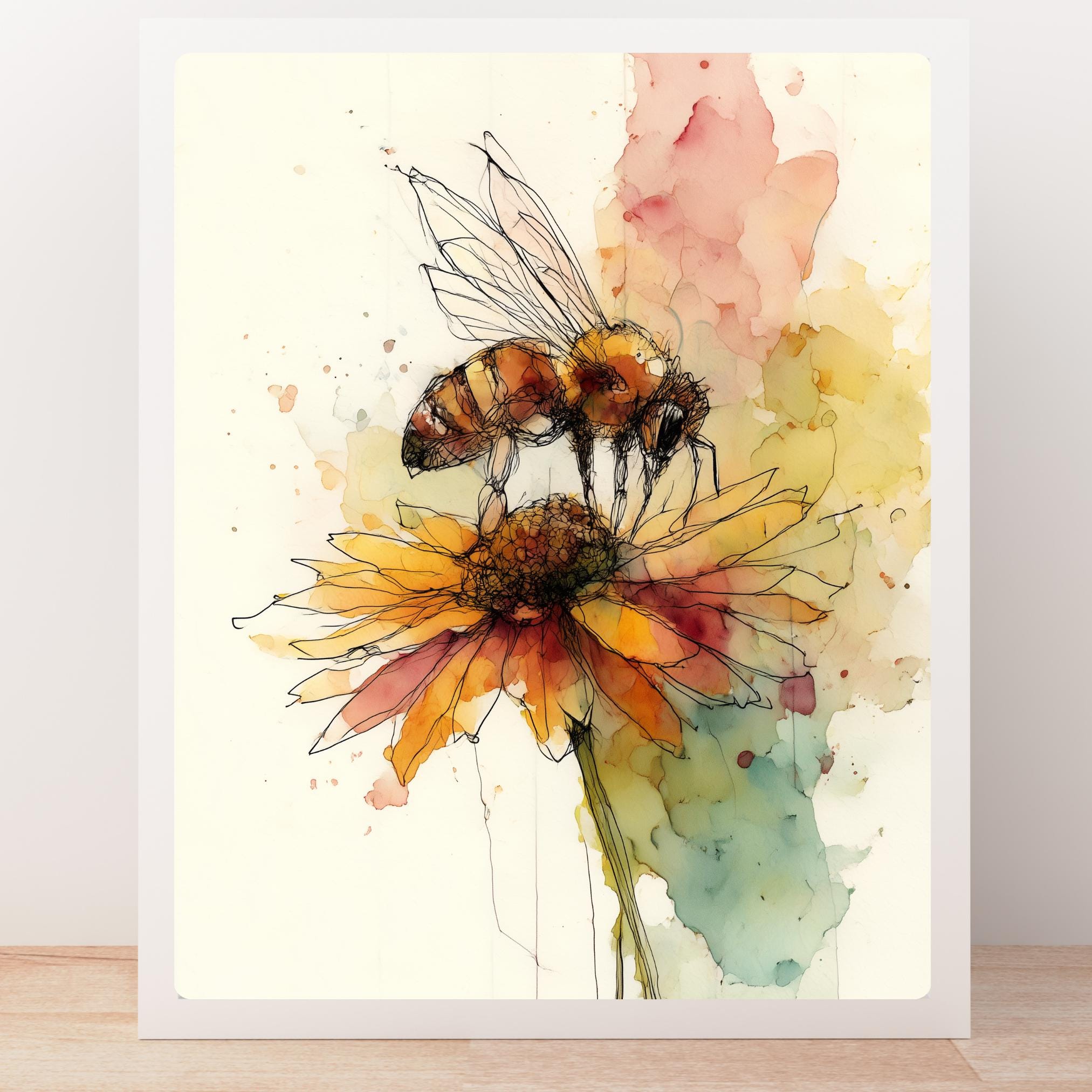 花にとまる蜂のアートプリント：植物の水彩画、自然の線画 - Etsy 日本
