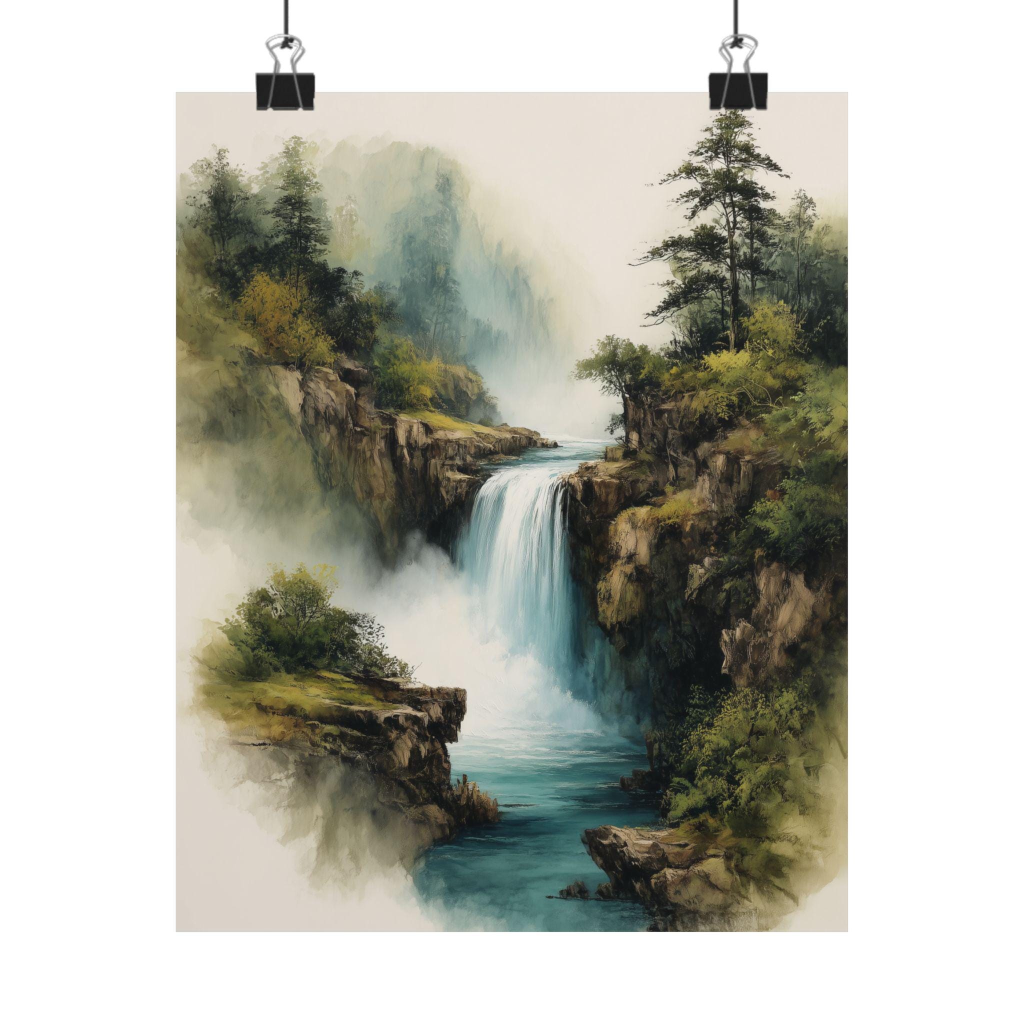 Bergwatervalkunst | Landschap met Chinese inktwas | Misty Forest River schilderij | Natuurmuurdecoratie in Aziatische stijl | Serene groenblauwe scène