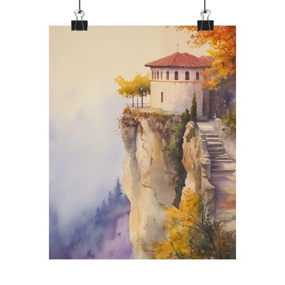 メテオラ修道院の水彩画：崖の上のギリシャの秋の風景 - Etsy 日本