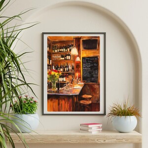 May include: A painting of a bar interior with a wooden counter, shelves stocked with wine bottles, and a chalkboard menu listing various wine options. The bar is lit by warm, yellow light, creating a cozy atmosphere.