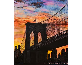 Impresión artística del atardecer en el puente de Brooklyn: silueta del horizonte de Nueva York, calidad Giclée