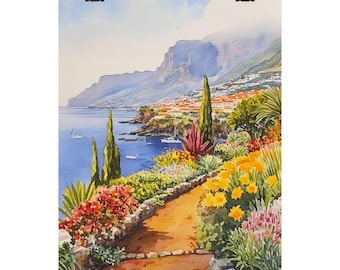 May include: A watercolor painting of a coastal landscape with a winding path leading through a garden with colorful flowers. The path leads to a view of a town nestled in the hills and a blue ocean with boats.