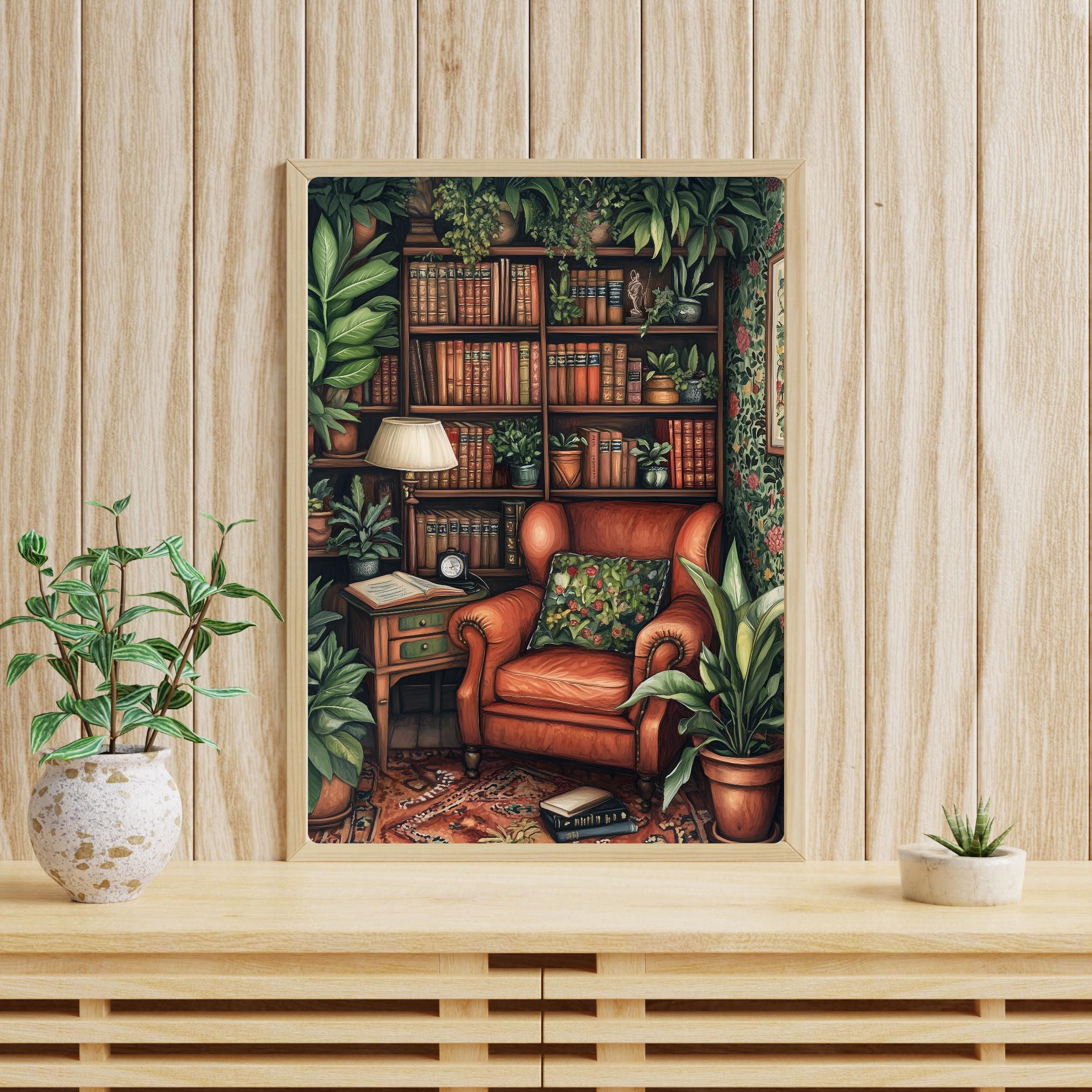 Botanical Library Art Print: Cozy Reading Nook, Gouache Style - Etsy