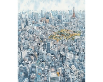 Tokyo Cityscape Watercolor Art Print: Japan Tower Skyline