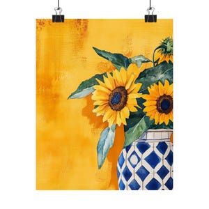 Sunflower Still Life Print: Yellow & Blue Floral Wall Art