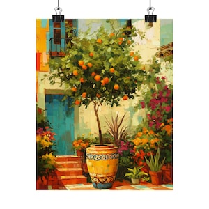 May include: A painting of a terracotta pot with a yellow and orange design, filled with a small orange tree. The tree is in a courtyard with a blue door and colorful flowers.