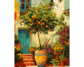 Andalusian Courtyard Print: Orange Tree, Teal Door, Sunny Spain