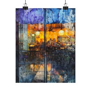 Rain Streaked Window Art Print – Coffee Shop Painting, Moody Cafe Scene Wall Art, Rainy Weather Window View Decor