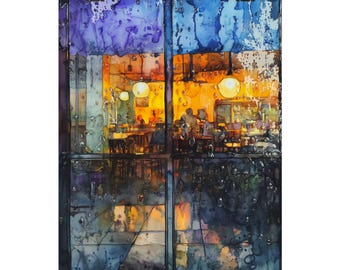 Regen Streifen Fenster Kunstdruck - Coffee Shop Gemälde, Moody Cafe Szene Wandkunst, Regenwetter Fensteransicht Dekor