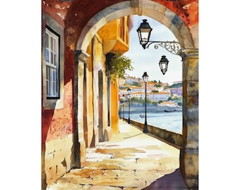 May include: A watercolor painting of a narrow, cobblestone street in a European city. The street is lined with buildings with arched doorways and windows. The street leads to a view of a river and a cityscape in the distance. There are streetlights lining the street.