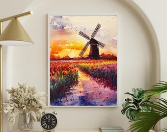 オランダの風車の水彩画：チューリップ畑の夕焼け風景 - Etsy 日本