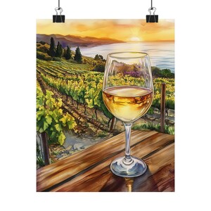 California Wine Art Print | Sunset Vineyard View | Wine Painting with Sunset | Travel Wall Decor Gift | Wine Lover Art | White Wine
