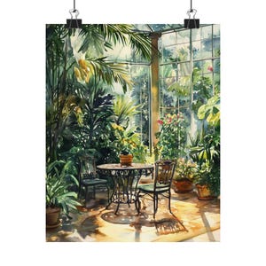 Conservatory Art Print | Sunlit Greenhouse Painting | Botanical Watercolor | Garden Room Wall Decor | Plant Lover Gift | Green Space Art