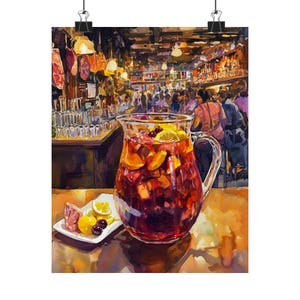 Bar Tapas w Barcelonie – wydruk artystyczny | Obraz sangrii hiszpańskiej | Żywa scena barowa | Sztuka ścienna z drinkami i tapas | Pamiątka z podróży do Hiszpanii