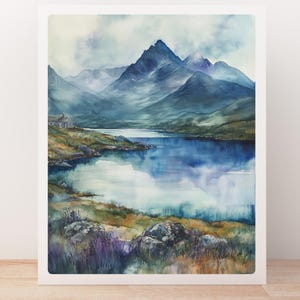 Scottish Highlands Watercolor Art Print: Moody Landscape Painting