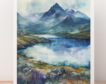 スコットランド高地の水彩画プリント：山と川の風景画 - Etsy 日本