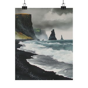 May include: A watercolor painting of a black sand beach with crashing waves and dramatic rock formations in the distance. The sky is overcast and the water is a deep blue.