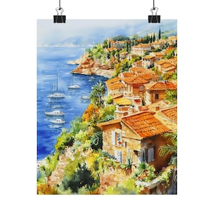 南フランスのアートプリント | 海岸沿いの村の水彩画 | 地中海の海景 | フランスのリビエラの風景 | 海辺の町 | 旅行風景
