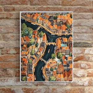 May include: A watercolour painting depicting an aerial view of a city with narrow canals and colourful buildings. The painting features a network of waterways with bridges and boats. The buildings are a mix of traditional and modern styles, with red tile roofs and white walls.