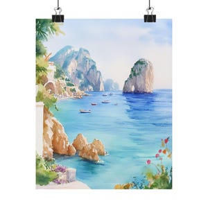 Capri Italy Watercolor Art Print: Coastal Seascape Wall Decor