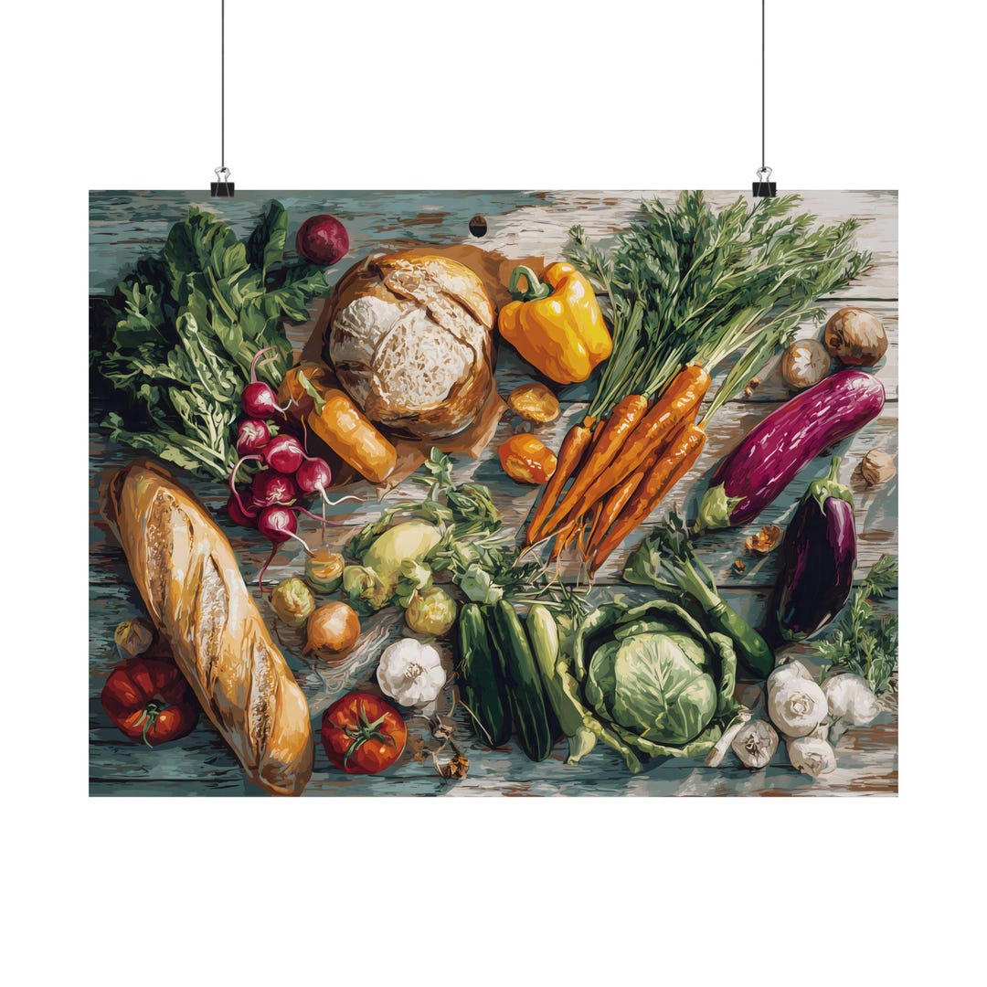 Vegetable Still Life Art Print: Rustic Kitchen Produce, Gouache Style ...