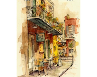 May include: Watercolor painting of a street scene in New Orleans, Louisiana. The painting features a building with a balcony, a cafe with tables and chairs, and a brick building with a window. The painting is done in a loose, impressionistic style.