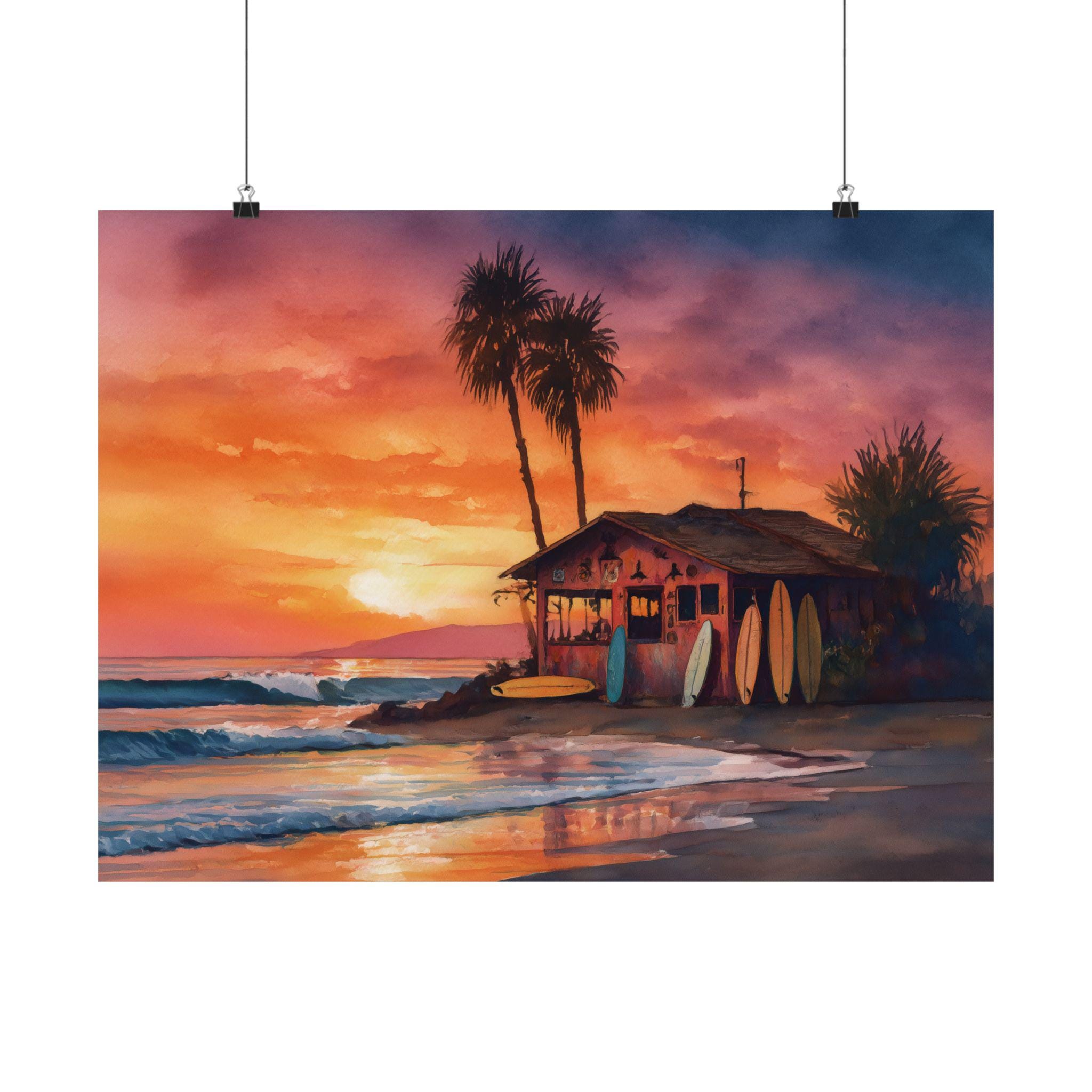 Sunset Beach　ART Sunset Beach Surf Shack Art Print – Coastal Palm Tree Wall Decor