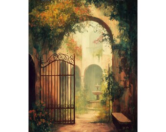 Puede incluir: Un póster impreso que presenta una escena de jardín serena. La obra de arte representa una puerta de hierro forjado abierta que conduce a un patio con una entrada arqueada, una fuente y un banco. La paleta de colores incluye tonos cálidos de marrón, naranja y verde.