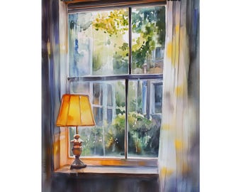 Regnerischer Tag Fenster Ansicht Aquarell Kunst | Gemütliches Wohndekor | Interior Landschaftsmalerei | Lampe Lichtkunst | Serene Wandbild