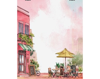 Stampa artistica ad acquerello di un caffè di Parigi: edificio rosa, paesaggio urbano europeo