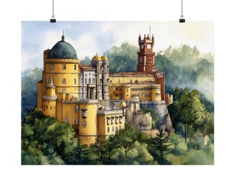 Sintra Schloß Kunstdruck, Burg Portugal, Aquarell, Märchen Bild, Wanddeko