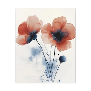 Watercolor Poppy Canvas Print: Red & Blue Botanical Wall Art