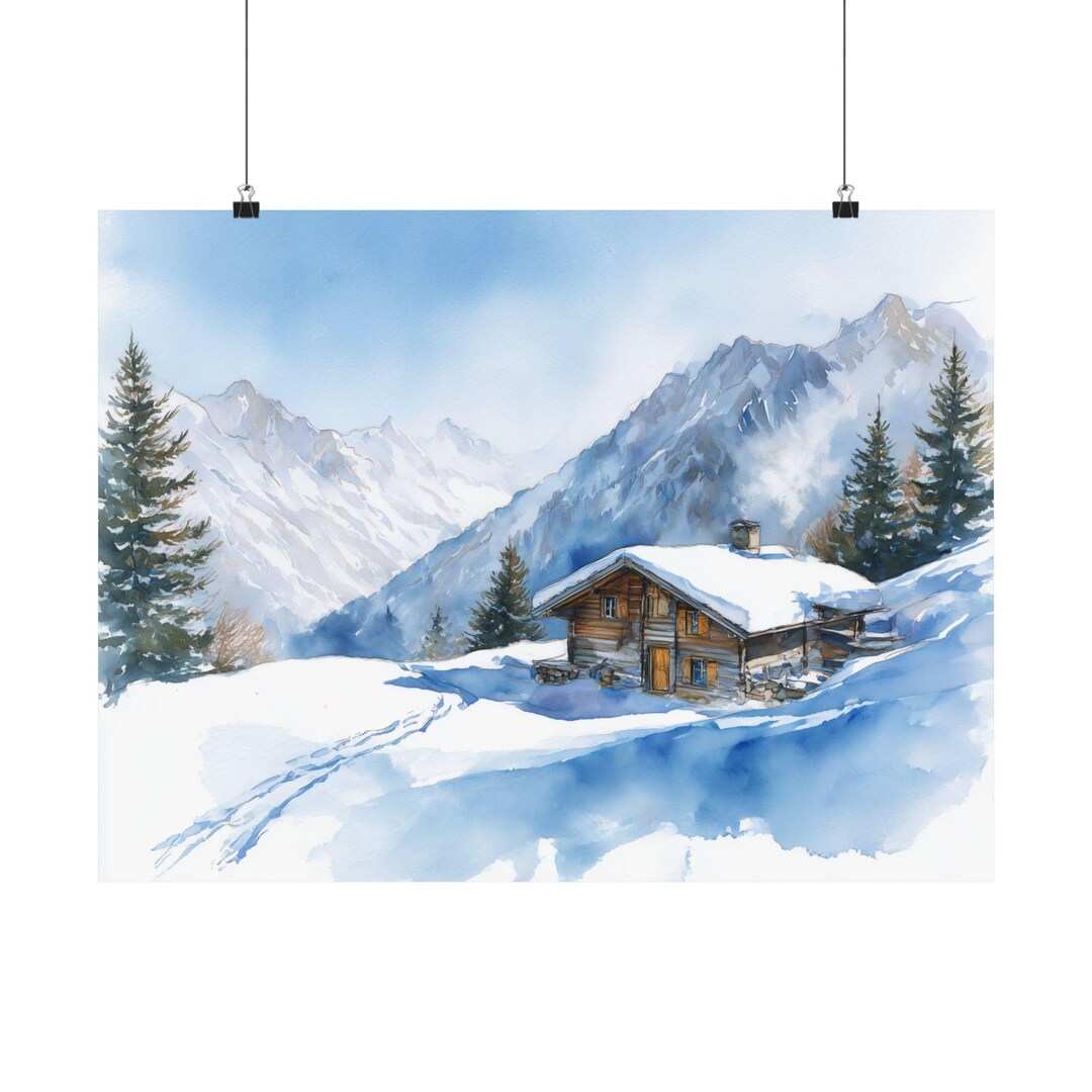Swiss Alps Mountain Cabin Art Print: Winter Landscape Watercolor ...