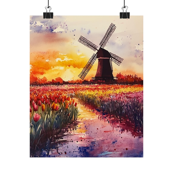 オランダの風車の水彩画：チューリップ畑の夕焼け風景 - Etsy 日本