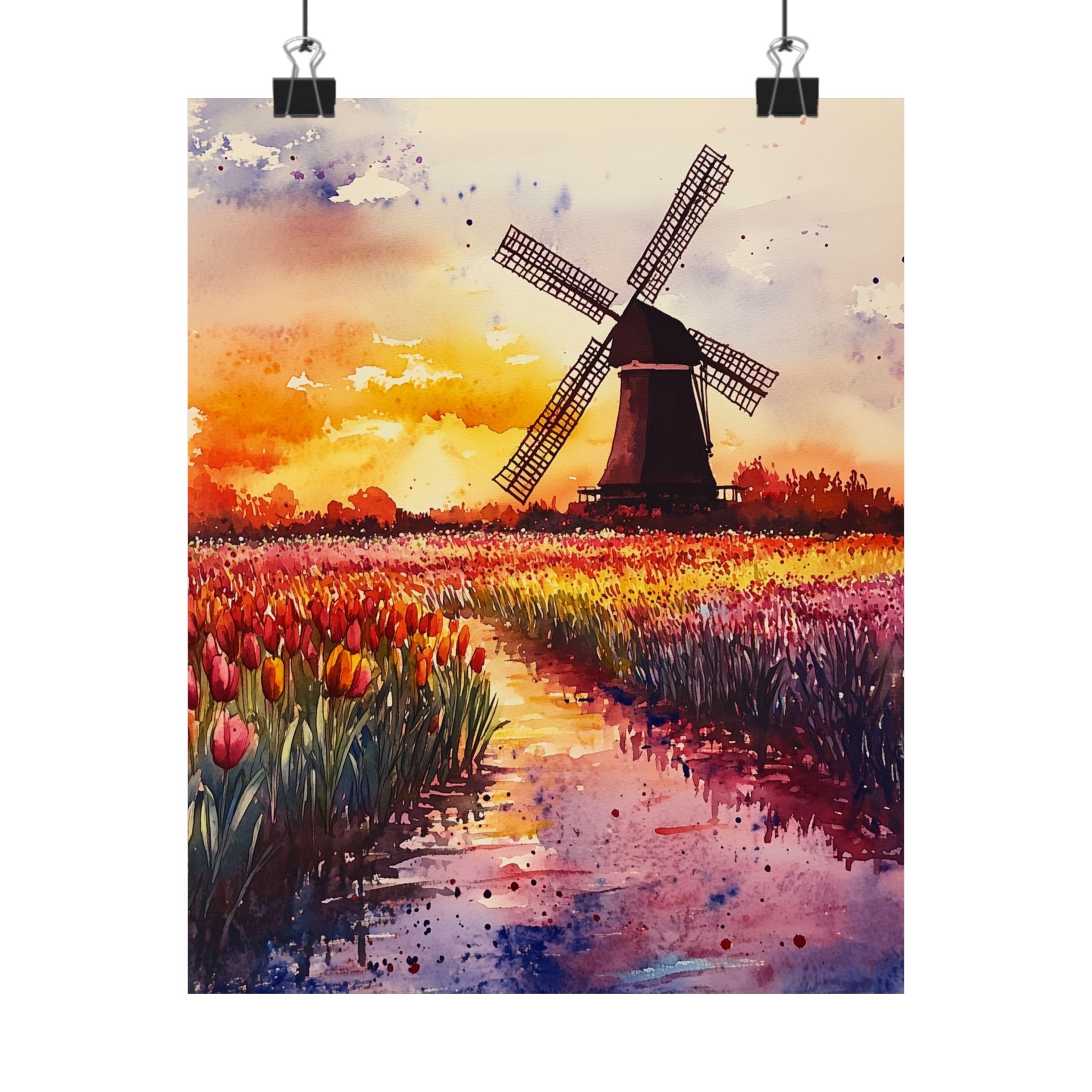 オランダの風車の水彩画：チューリップ畑の夕焼け風景 - Etsy 日本