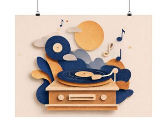May include: A paper art poster featuring a vintage record player with a blue record and a white tone arm. The artwork includes musical notes, a yellow sun, and blue and tan paper cutouts. The background is a light beige color.