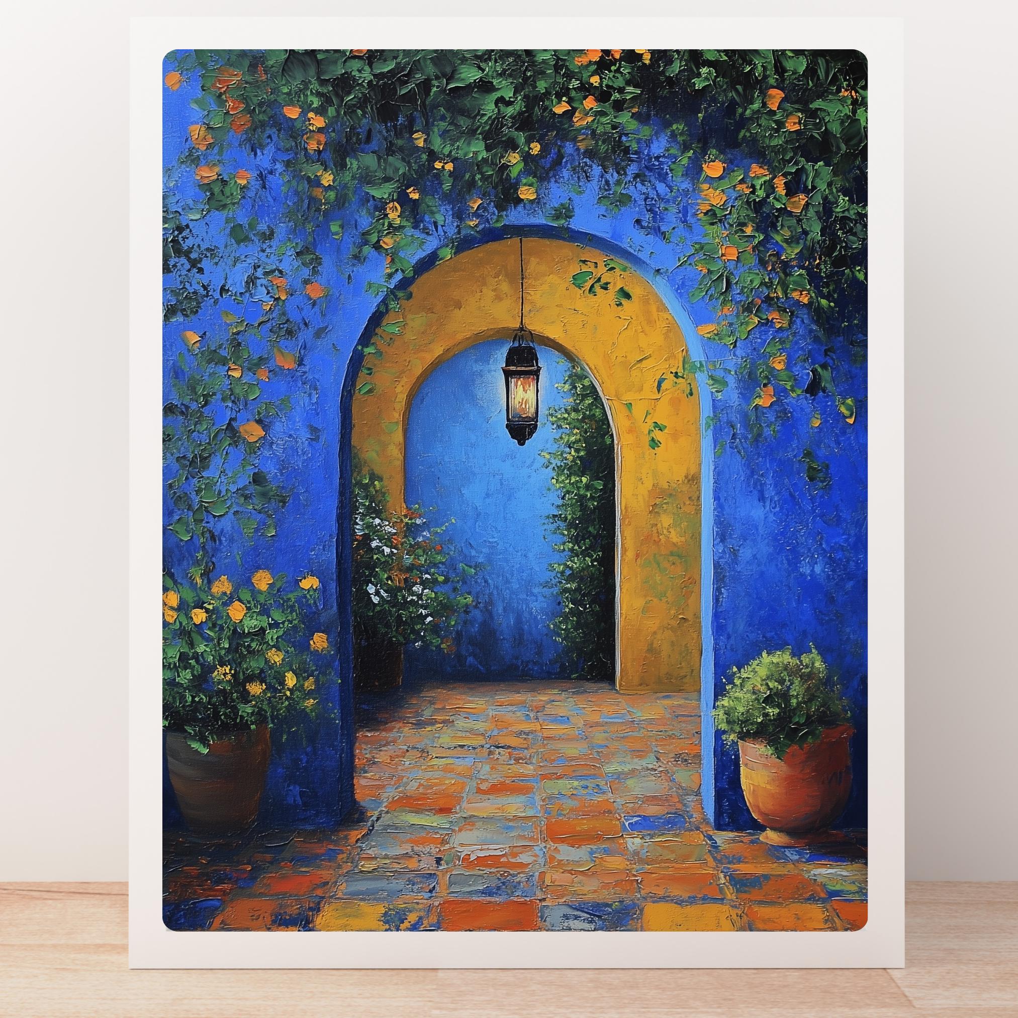 Moroccan Courtyard Print: Blue Mediterranean Garden Art - Etsy